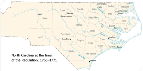 A map depicting colonial North Carolina. There are several small counties in the east, and a few large counties in the west.