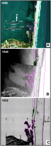 Net change in island location and width of the Buxton-Avon area