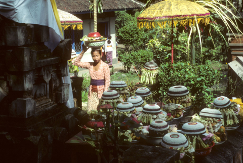 Woman delivers bowl of offerings on her head for Saraswati Festival