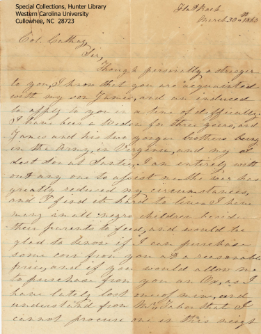 Letter from Emma A. Shoolbred to Col. Cathey,  March 30th 1863 (Page 1 of 2)