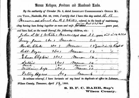 Marriage certificate issued by the Freedmen's Bureau