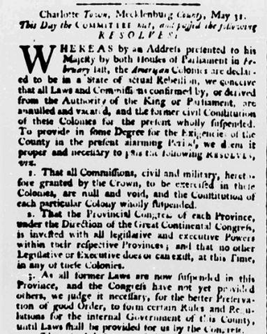 Mecklenburg "Resolves", North-Carolina Gazette June 6, 1775