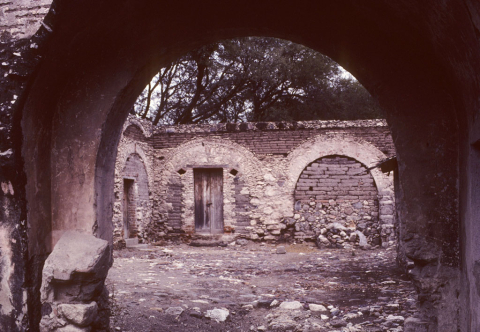 Stone arches in a church courtyard in Atotonilco, Mexico