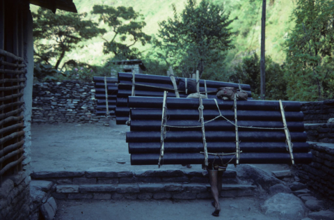 People carrying plastic pipes across the mountain