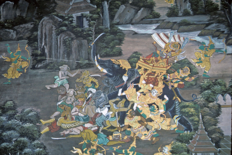 Rama shoots arrow at group of demons with elephant (Thai Ramayana mural)