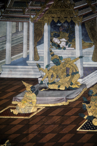 Ten-armed Ravana gets his dream interpreted by his brother (Thai Ramayana mural)