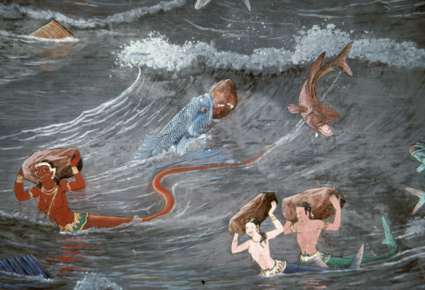 Fish and mermaids carry stones away from Rama's bridge (Thai Ramayana mural)