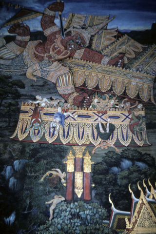 Sugriva attacks demons hiding in giant gilt umbrella (Thai Ramayana mural)