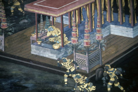 Ravana prepares poison spear (Thai Ramayana mural)