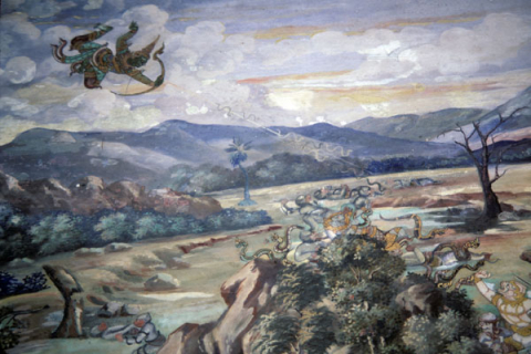 Flying demon shoots arrows that become serpents (Thai Ramayana mural)