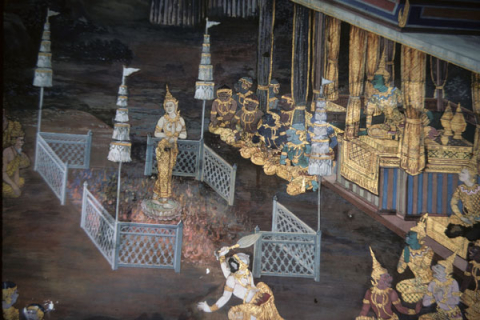Rama and his court watch Sita undergoing fire ordeal (Thai Ramayana mural)