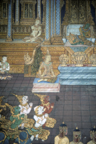 Rama and Sita sit at coronation ceremony in Ayudhya palace (Thai Ramayana mural)