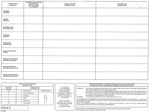 Transfer document (primary school, reverse)