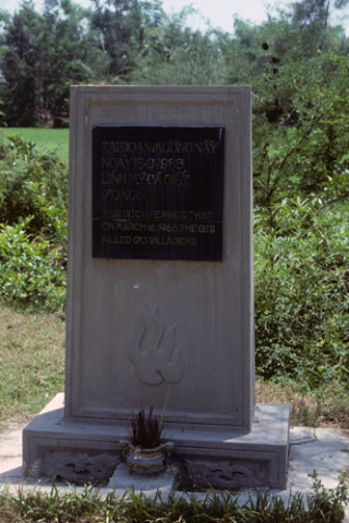 Gravestone style monument in memory of the massacre at My Lai
